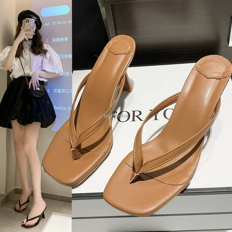 

2022 Thin Low Heel Women Slipper Summer Outdoor Narrow Band Beach Slides Shoes Fashion White Ladies Dress Sandals Shoe