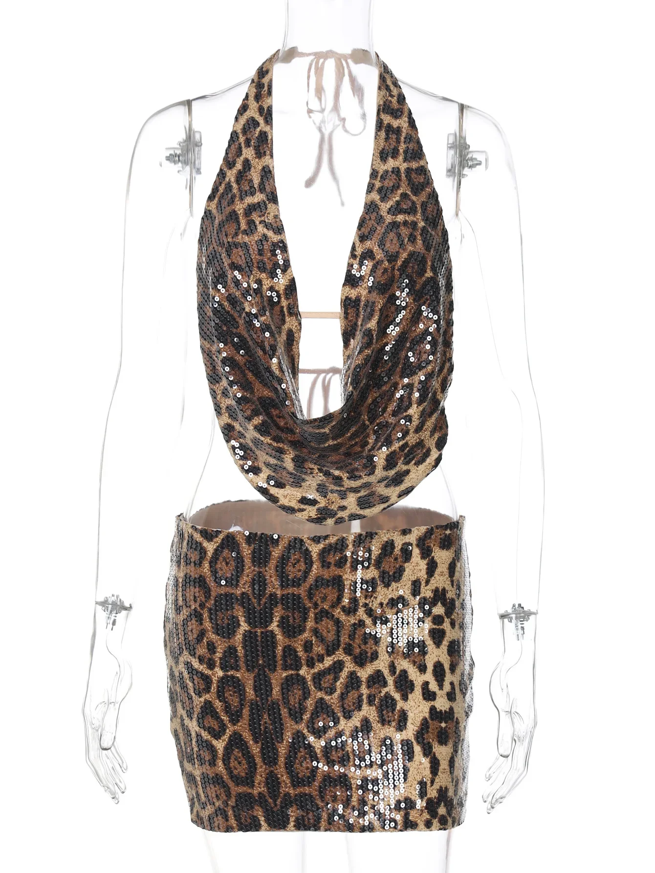 Женские сексуальные топы с открытой спиной и мини-юбкой леопардовым принтом