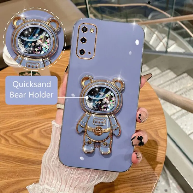 

Phone Case For Samsung Galaxy S20 Soft Silicone Luxury Plating Cartoon Bear Fold Stand Phone Case Cover