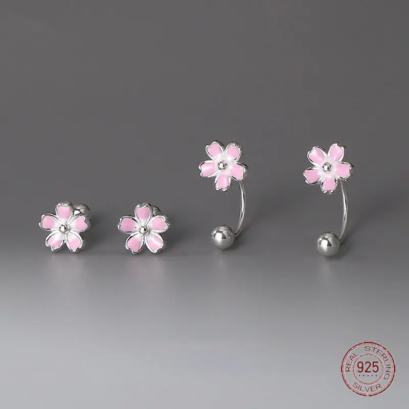 

925 Sterling Silver Pink Five Petal Flower Stud Earrings for Women Wedding Party Small Fresh Sweet Screw Piercing Jewelry