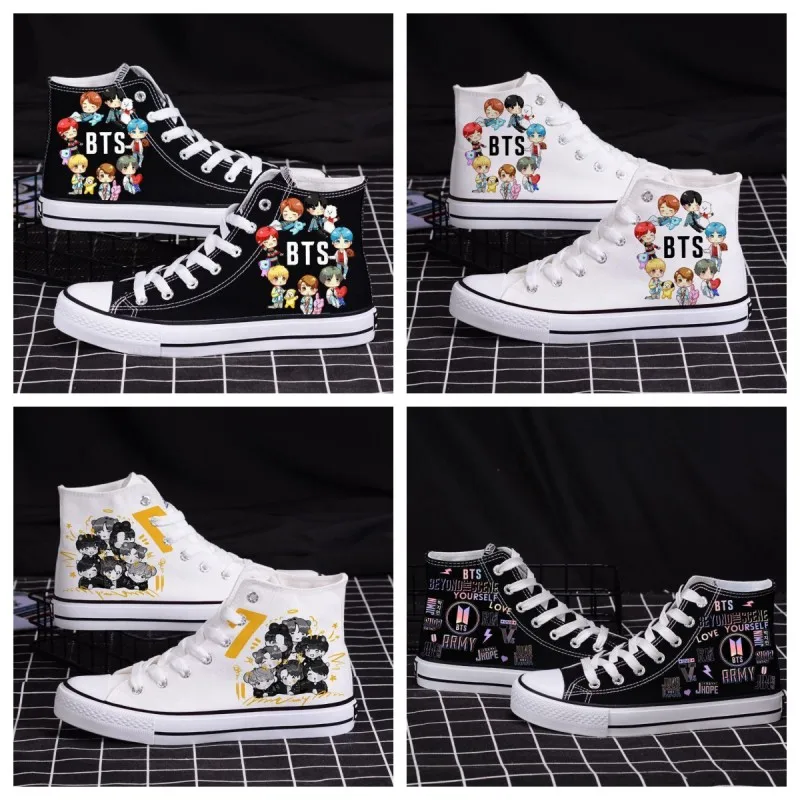 

Bt21 аниме мультфильм холщовая обувь кавайная кукла Печать студенческие повседневные кроссовки Удобная спортивная обувь универсальные крос...