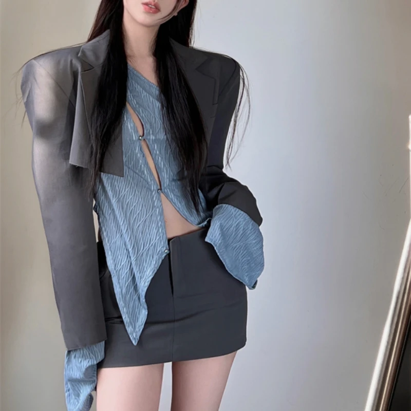 

Y2k Irregular Hollow T-shirt with Suit Jacket and Skirt 3 Pieces Sets Women's Autumn 2022 New Design Long-sleeved Tops Suit