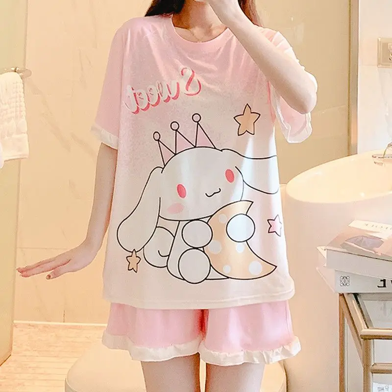 

Kawaii Anime Sanrio Kuromi My Melody Cinnamoroll Summer Girls Pyjamas Set Cartoon Cute Ins Girls Short Sleeve Loose Casual Wear