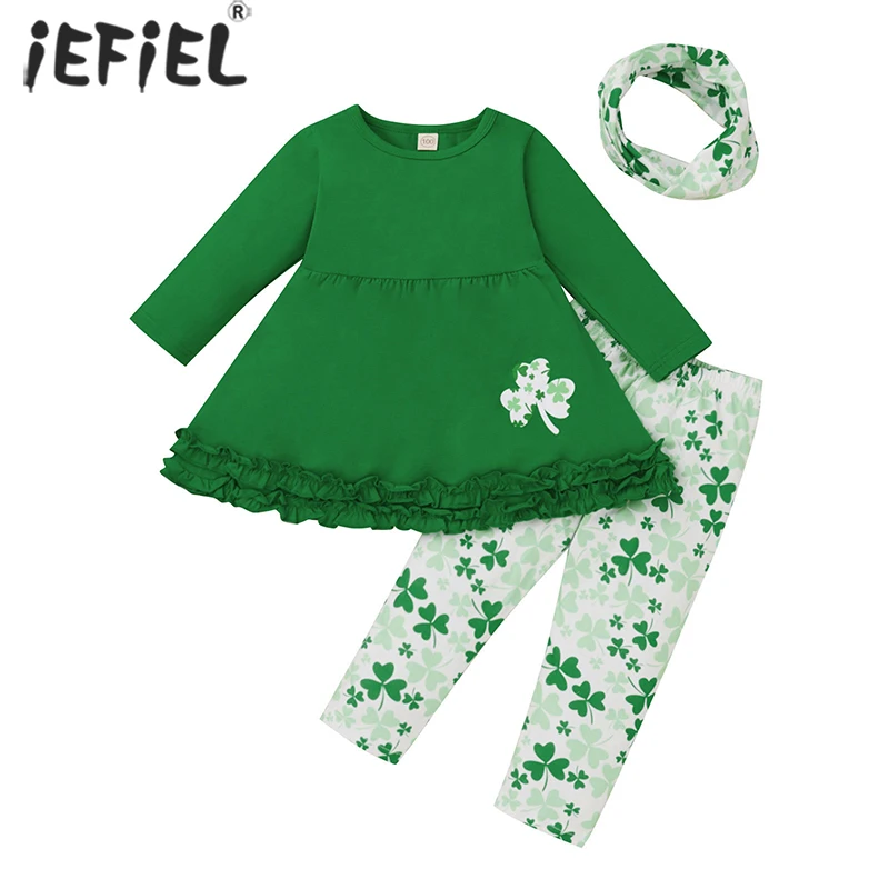 

Kids Girls Clothes Set Ruffle Hem Tops+Clover Print Pants Clothes For Girls Valentine's Day Costume For Girl Children's Suits