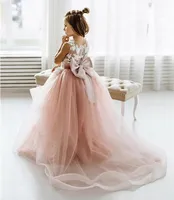 New Pink Flower Girls Dress Appliqued Tulle Floor Length Children Birthday Party Gowns First Communion Dress