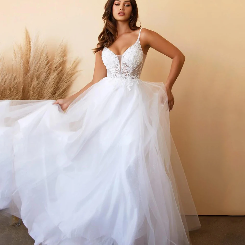 

Boho Wedding Dresses Square Collar Zipper Backless Lace Applique Bride Gown Spaghetti Straps Tulle Sweep Train Vestido De Noiva