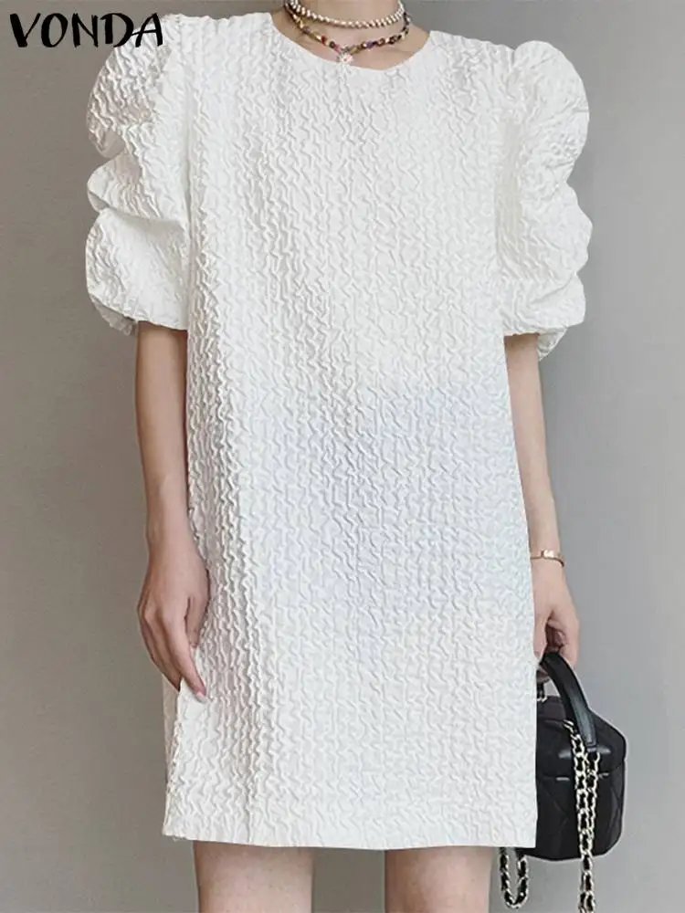 

VONDA Summer Party Mini Dress Women Puff Sleeve Casual Loose Solid Short Dress 2022 Beach Robe Female Baggy Holiday Vestidos