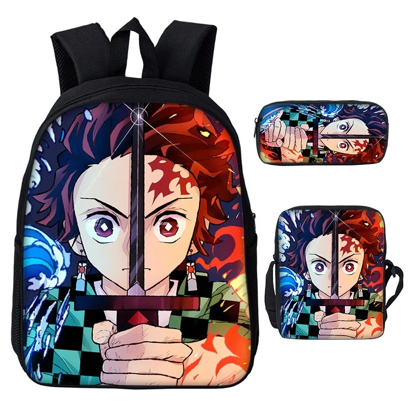 3 Piece Children Anime Backpacks Demon Slayer Nezuko Tanjirou Girls Boys Primary School Student Shoulder Bags New Kids Pen Bag
