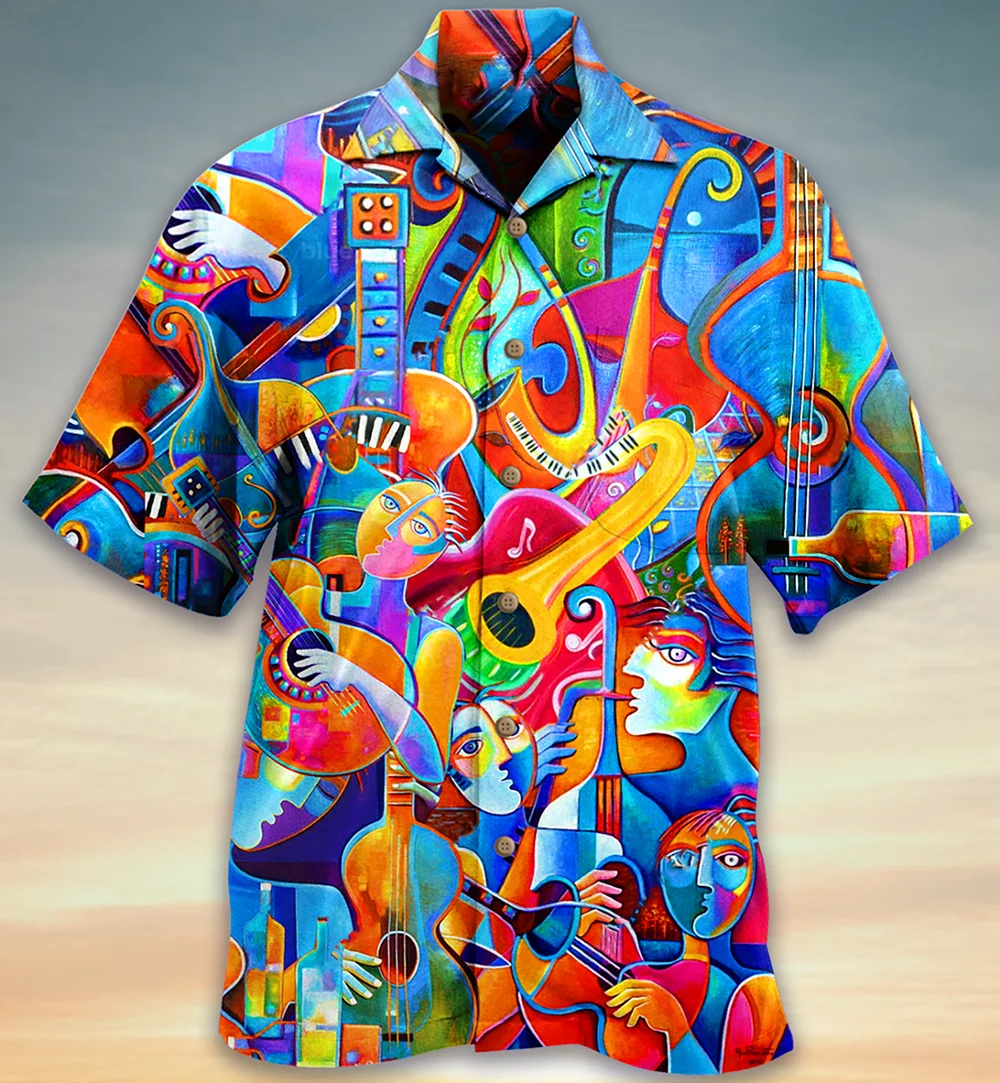 3d Print Instrument Trendy Cool Fashion Hawaiian Shirts Beach Party Tops Short Sleeves Summer Men's Shirts Loose Breathable