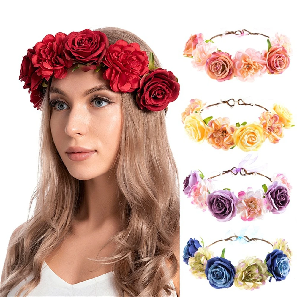 

Simulation Red Rose Wreath Handmade Wedding Floral Garland Headband Bride Flower Crown Christmas Party Garland Hair Accessories