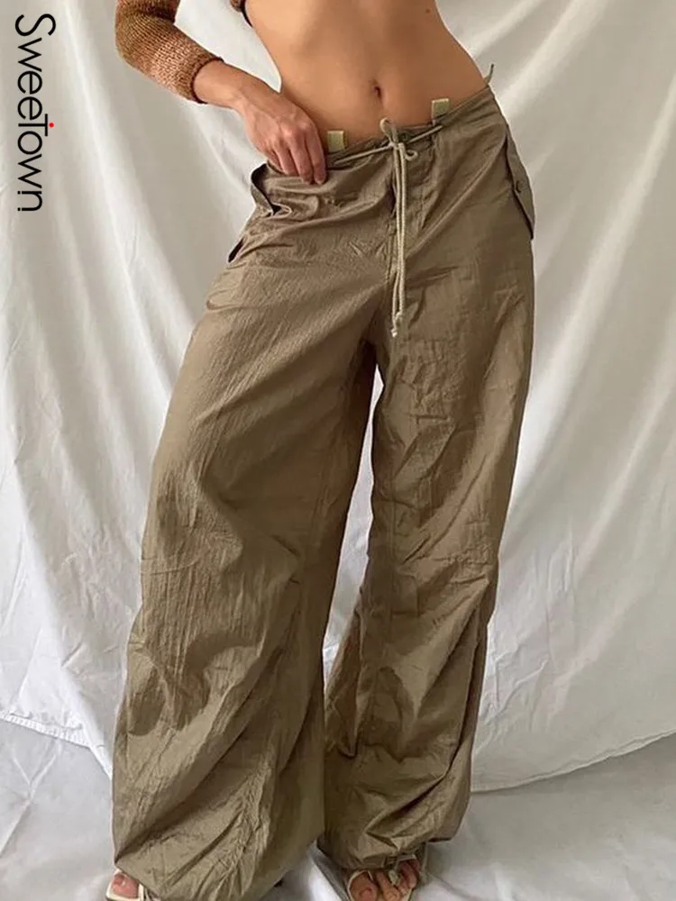 

Sweetown Drawstring Low Waist Baggy Sweatpants Casual Loose Hippie Korean Trousers Women Vintage 90s Streetwear Joggers Pants