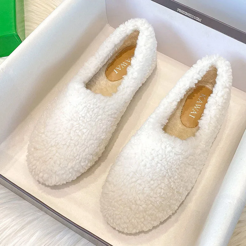 White Ladies Traf Loafers Warm Cotton Footwear Winter Slip On Sheep Fur Flats Women Lambswool Wool Shoes Mocasines Mujer