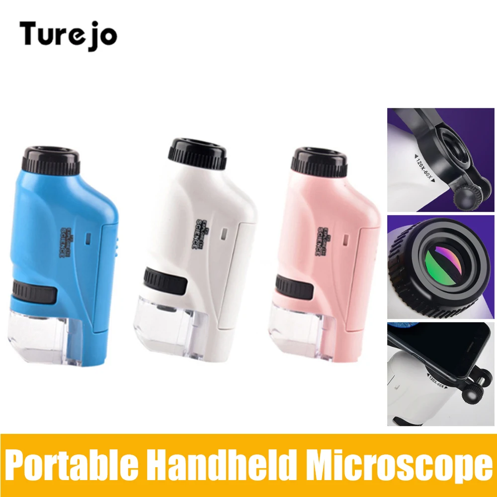 

Portable Microscope Pocket Handheld Microscope Kit Lab LED Light 60X-120X School Biological Science Educational Toys Children