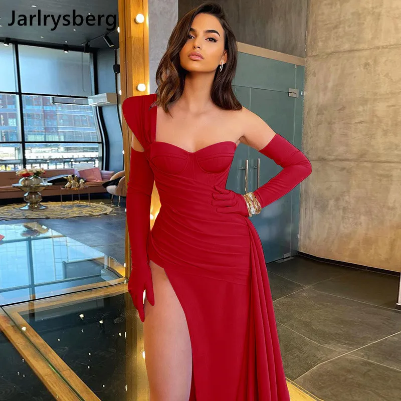 

2022 Spring Summer Women Elegant Sexy One Shoulder For Backless Patchwork Maxi Dresses Red Female Bodycon Evening Party Robe