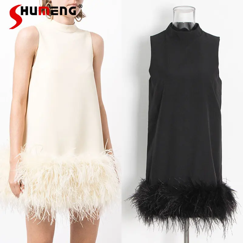 Korean-Style Simple Banquet Party Dresses Women 2023 Spring Summer Round Neck Sleeveless Solid Hem Feather Stitching Midi Dress