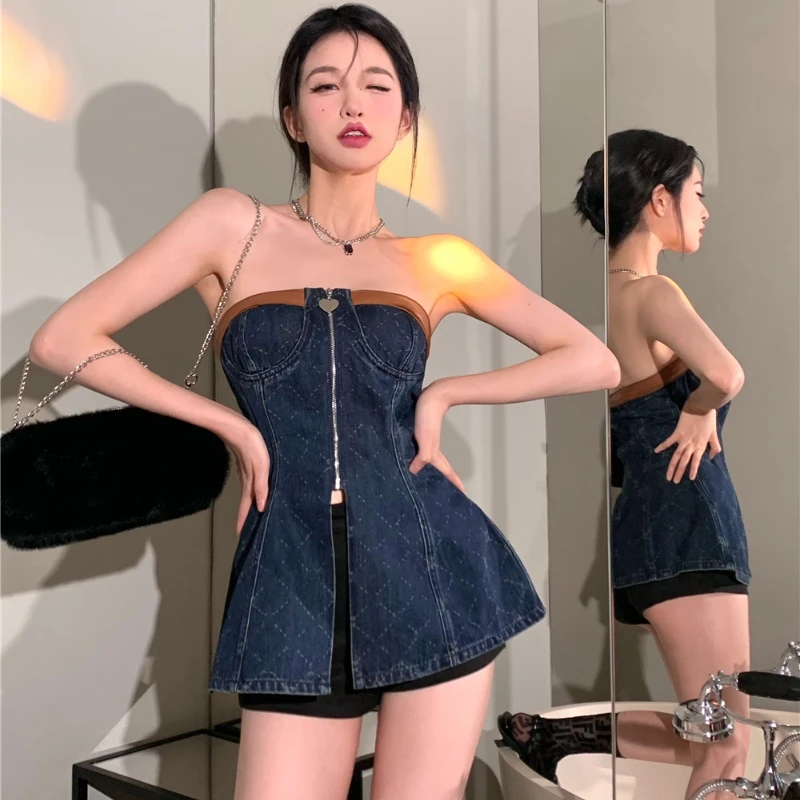 

Summer Split Sleeveless Denim Tube Top Dress Short Skirt