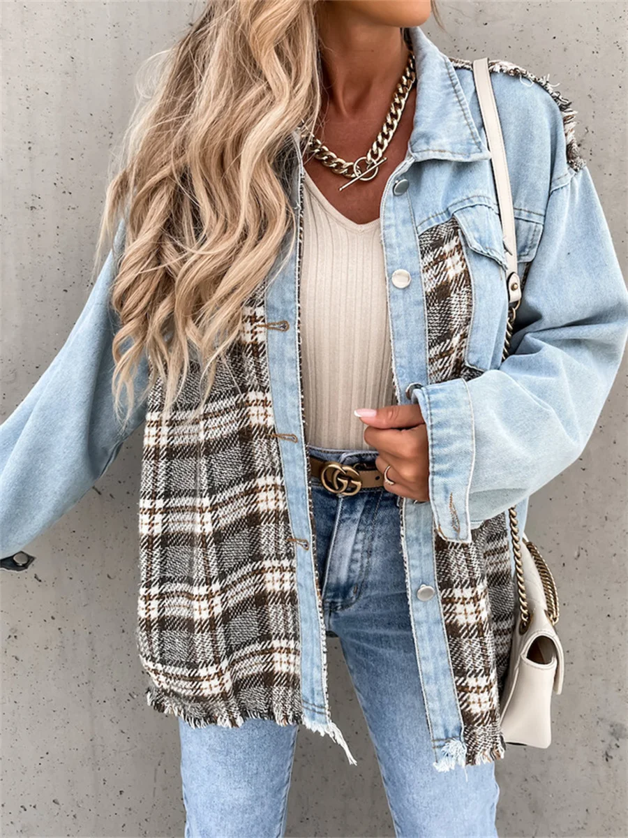 

Oversized Plaid Patchwork Denim Jackets Women Casual Ripped Long Sleeve Lapel Neck Buttons Outerwear Spring Fall Coats