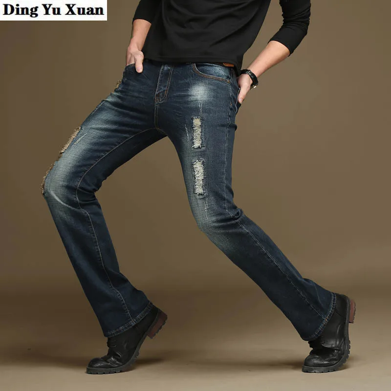 Mens Patch Boot Cut Jeans Trousers for Men Regular Flared Jeans Classic Designer Ripped Denim Pants Slim Fit Long Jean Hombre