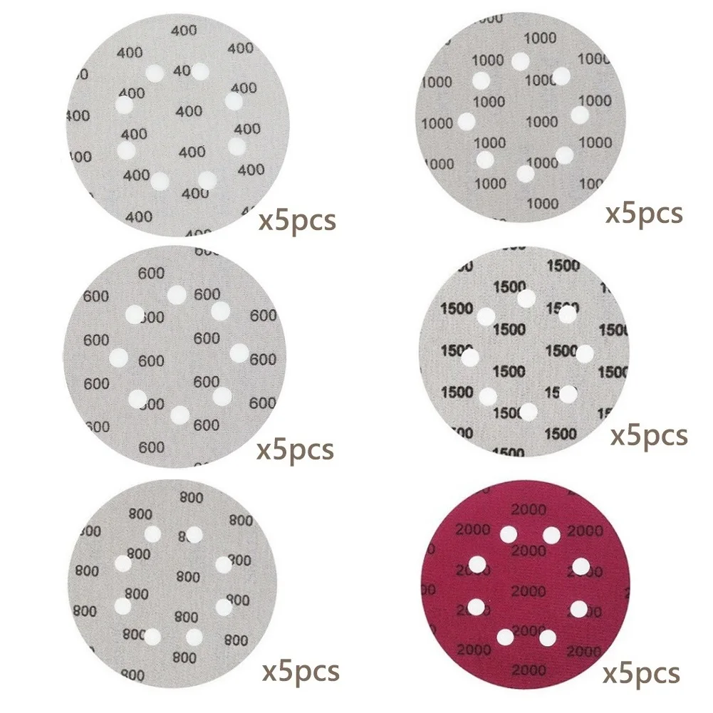 

30pcs 125mm Circular Sandpaper Silicon Carbide Wet Dry Sanding Papers Hook Loop Grinding Polishing Discs 8 Holes 400-2000 Grit