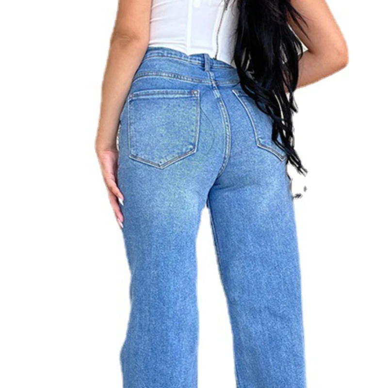 Women's Jeans High Waist Irregular Perforated Ragged Edge Wide Leg Pants Female Fashion Casual Pants Spring Trend Streetwear