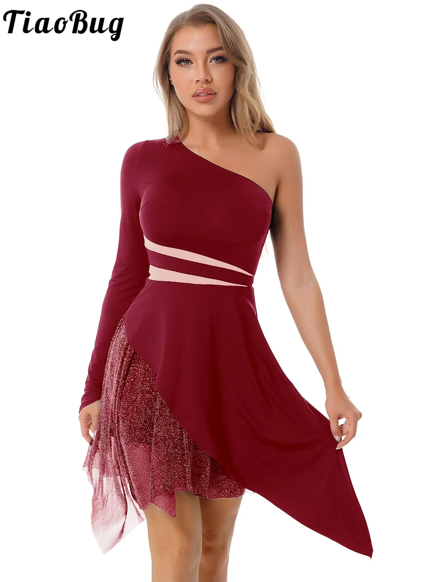 

Latin Tango Ballroom Dance Dress Dancewear Womens Females One Shoulder Long Sleeve Asymmetrical Hem Latin Cha Cha Dance Dresses