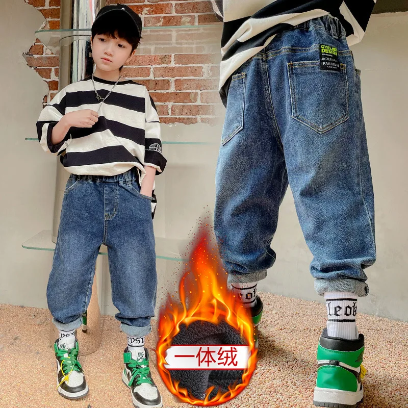 

Зимние теплые флисовые джинсы для мальчиков-подростков, Детские повседневные плотные прямые джинсовые брюки с бархатной подкладкой для мальчиков, повседневные теплые джинсовые брюки