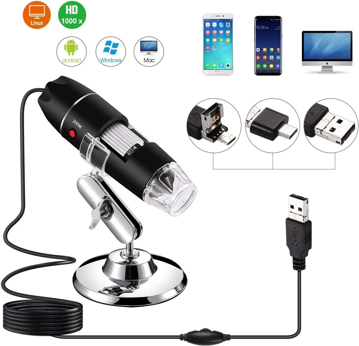 

1000x8 LED USB цифровая мини-камера микроскопа с адаптером OTG и металлической подставкой, совместимая с Mac Window Android Linux