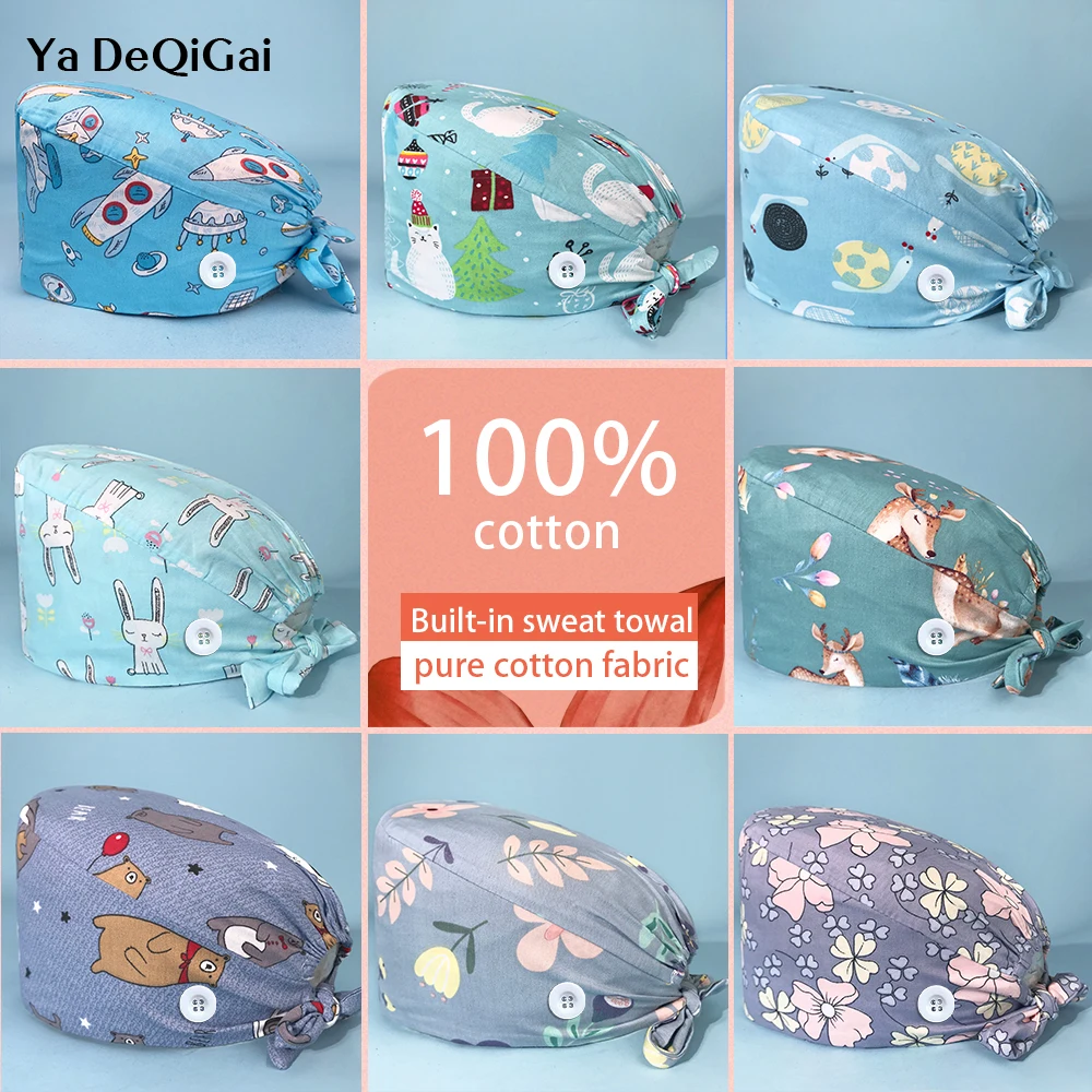 

Printed Surgical Hat Breathable Cotton Men and Women Beauty Salon Nursing Cap Pet Veterinary Surgery Cap Spa Scrub Cap Wholesale