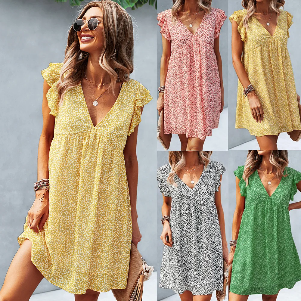 

New Arrival Women Dress Fashion Woman Floral Dress Short Sleeve Loose Women's Dress V-neck Sexy Dress