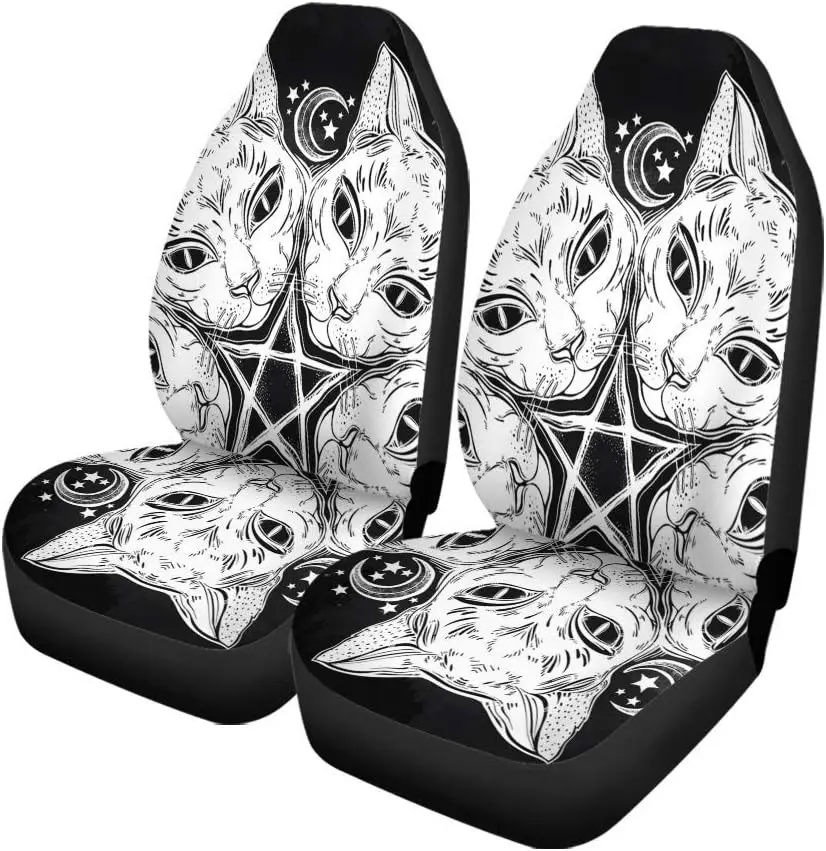 

Car Seat Covers Black Cat Head Round Portrait Madnala Moon Pentagram Ideal Set of 2 Protectors Car Decor Universal