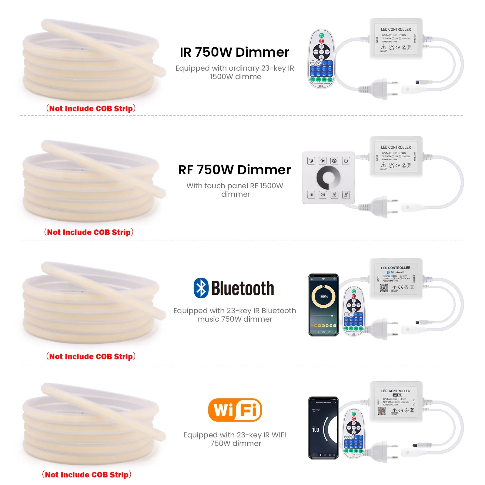 Фото Светодиодный контроллер диммера 110-240В с Wi-Fi/Bluetooth/RF, сенсорная панель, контроллер для одноцветных светодиодных лент W10-11мм x H5-6мм, для неоновых лент COB №2