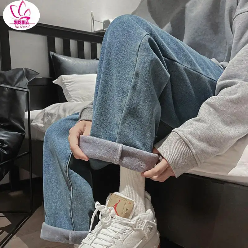 

SUSOLA Fleece Jeans Thicken Warm Solid Color Straight Loose Men's Denim Pants Vintage Casual Winter Trousers For Male