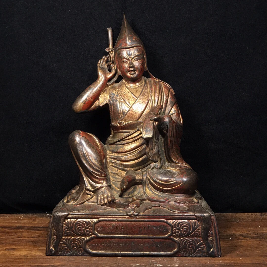 

12"Tibet Temple Collection Old Bronze Cinnabar Lacquer Northern Wei Buddha Tsongkhapa Buddha Worship Hall Town house Exorcism