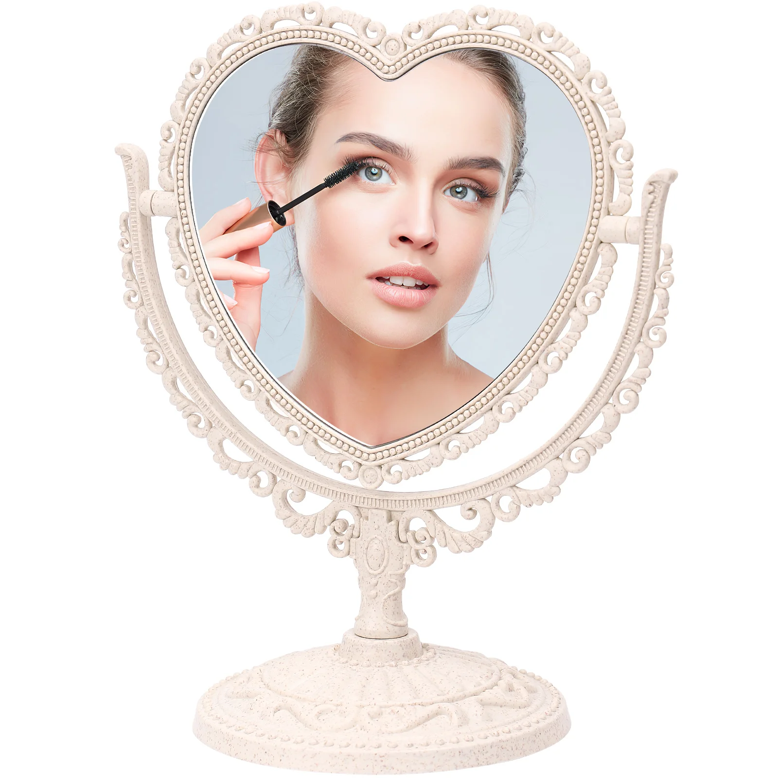 

Mirror Table Makeup Vanity Vintage Tabletop Rotation Double Sided Dressing Desk Heart Desktop Standing Bathroom Stand Swivel