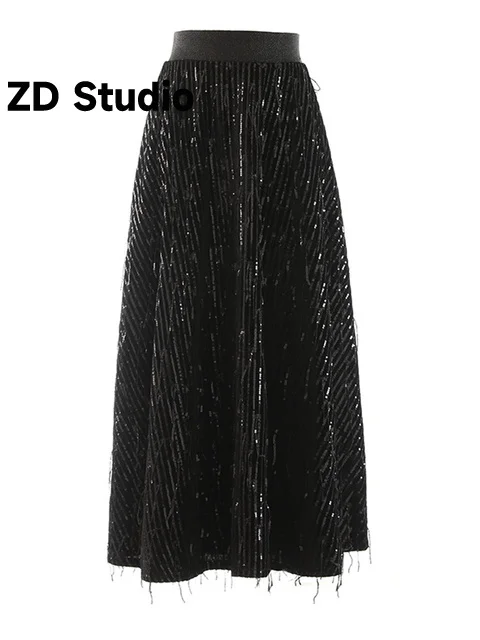

[ZD Studio] High Waist Black Sequins Tassels Long Party A-line Half-body Skirt Women Tide New Spring Autumn 2023