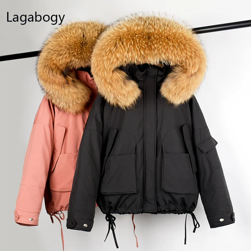 2021 Huge Real Raccoon Fur Women Winter Hooded Short Warm Down Parkas Female 90% White Duck Down Coat Lining Removable