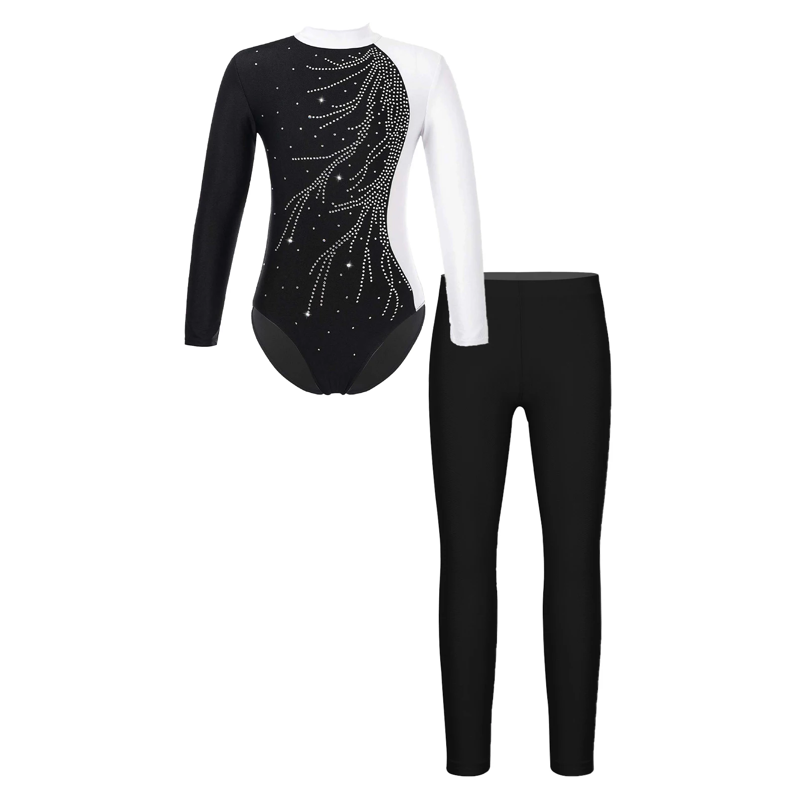 

Kids Girls Stylish Dance Set Long Sleeve Mock Neck Shiny Faux Diamonds Adorned Keyhole Back Leotard with Ankle Length Leggings