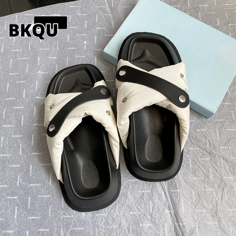 

BKQU Summer Personality Square Head Sponge Cake Fashion All-match Color Matching Outer Wear Cross Sandals And Slippers Women