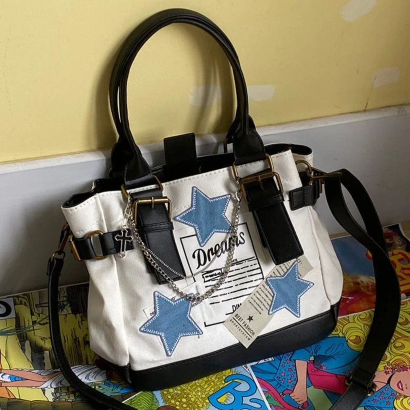 Millennial Hot Girl Wind Y2K Shoulder Bag High Value Star Handbag Retro British Canvas Bag Large Capacity Senior Crossbody Bag
