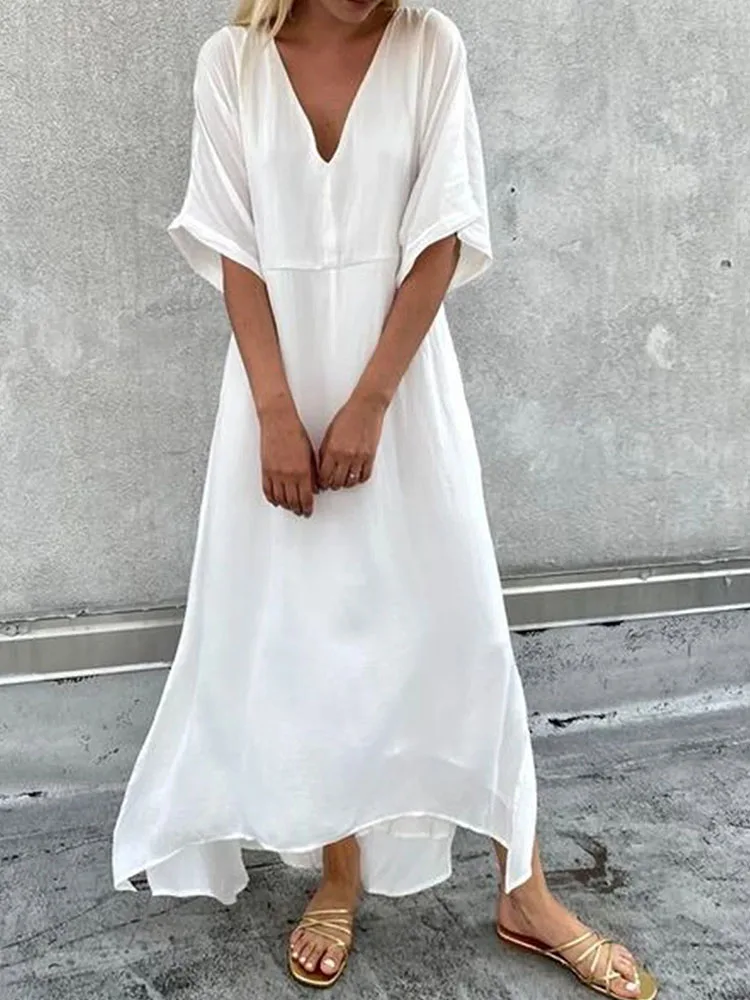

Bohemian Solid Color Deep V Neck Long Dress Women Spring Elegant Loose Irregular Dress Summer Short Sleeve Holiday Beach Dresses