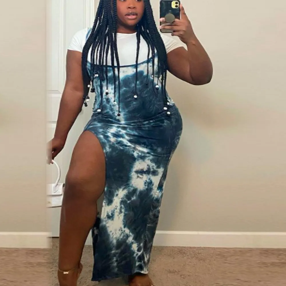 Plus Size Women Sets Solid Shirts And Tie Dye Print Dresses 2022 Summer Fashion Two Piece Set Sexy Female Casual Club Outfits