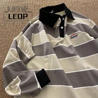 ledp retro striped long sleeved polo shirt top mens and womens loose trend couple lapel college style hip hop cool shirt women