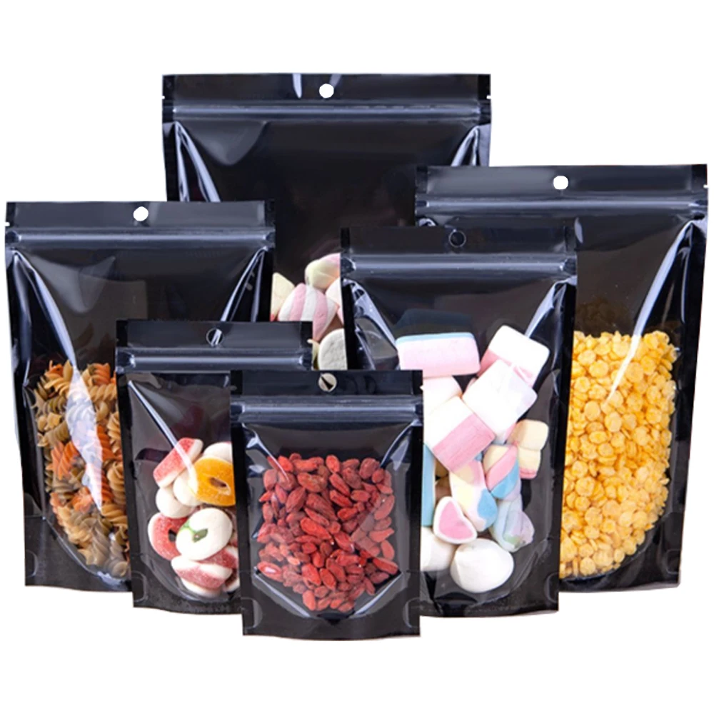 

100Pcs/Lot Clear Plastic Black Aluminum Foil Zip Lock Stand Up Bag with Hang Hole Tear Notch Doypack Food Snack Packing Pouches