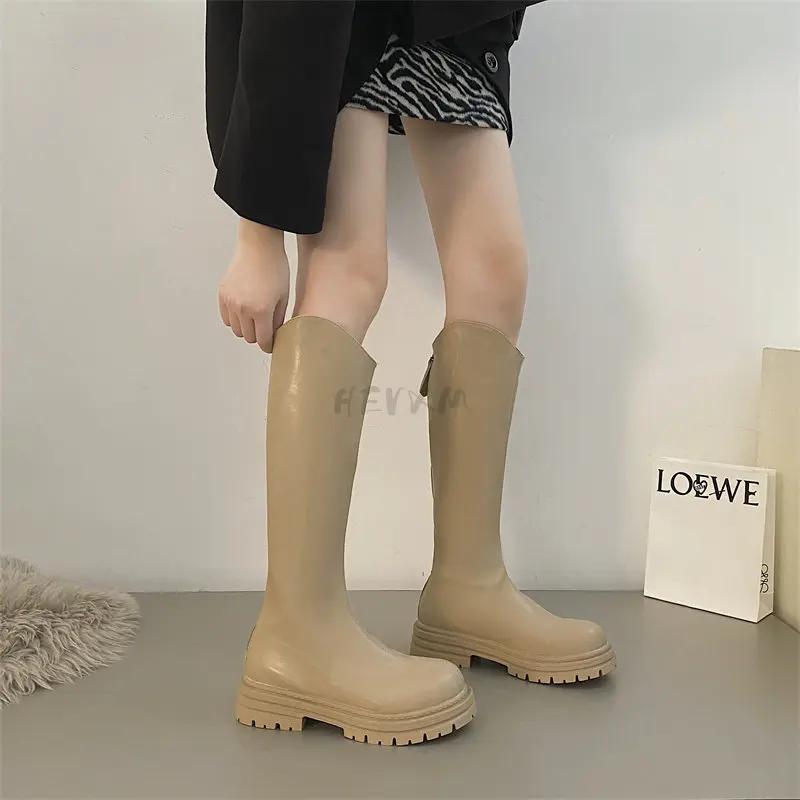 

2022 Women Long Boots Thick Sole Ladies Zipper Knight Flats Heel Boots Fashion Knee-high Boots botas mujer invierno Winter Shoes
