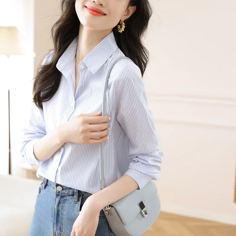 Элегантная сине-белая полосатая рубашка с длинным рукавом женский