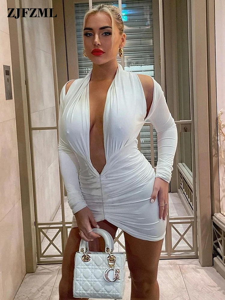 

Соблазнительное однотонное Плиссированное облегающее платье для женщин, мини-платья с глубоким V-образным вырезом, длинным рукавом, открыт...