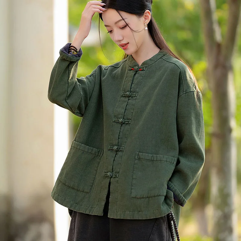 Оригинальное свободное короткое пальто Ramie Sand Fried Color Velvet Inside женское однобортное