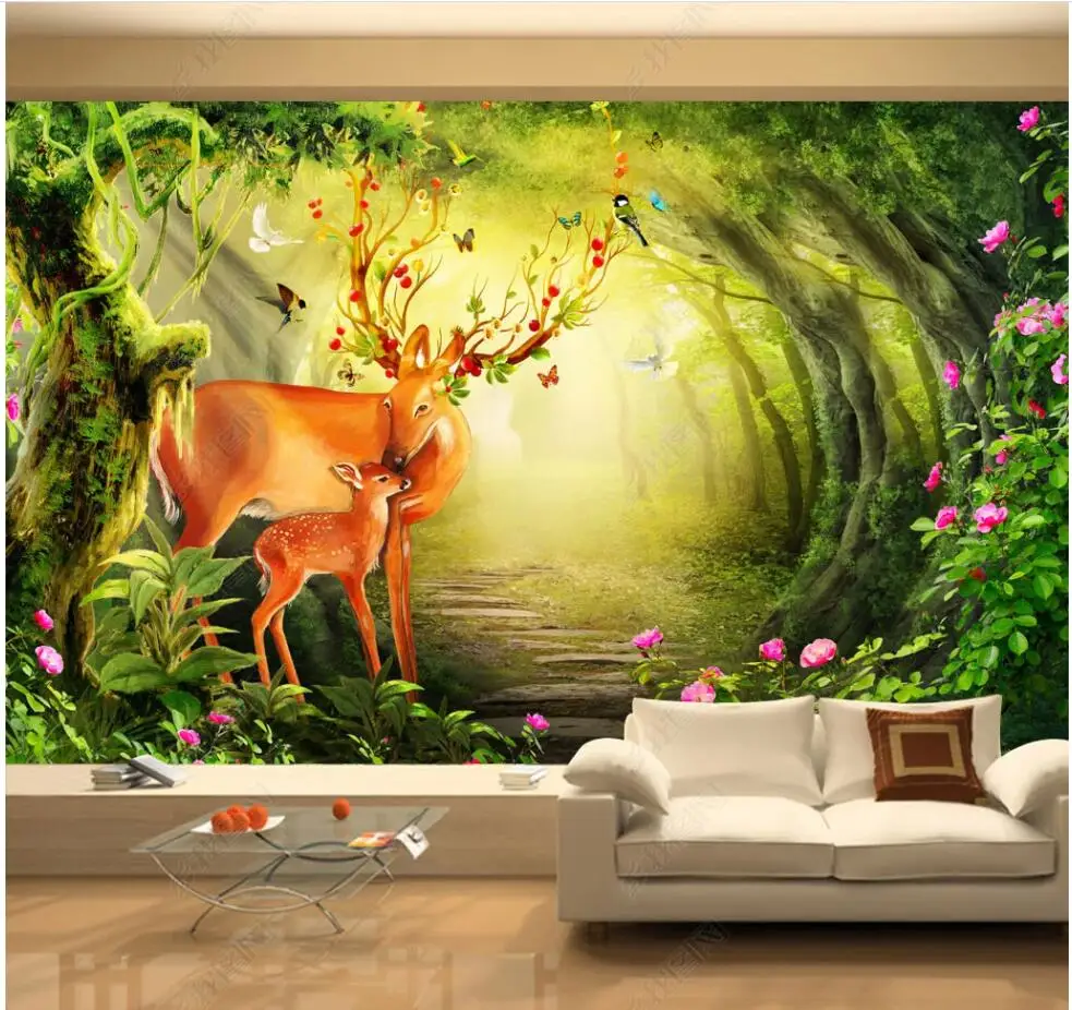 

3d photo wallpapers customised mural Forest deer mother and child fantasy flowers home decor living room wallpaper for walls 3d
