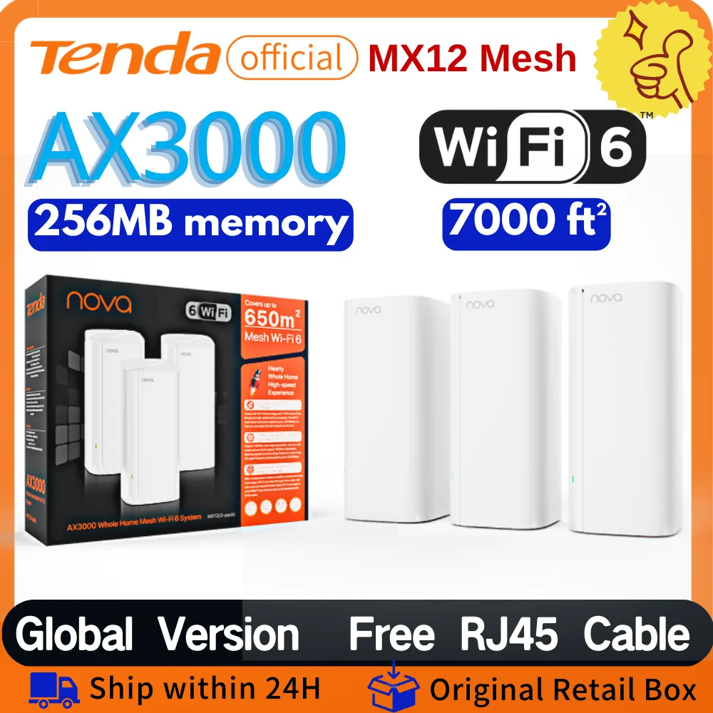 Tenda WiFi 6 Mesh System MX12 AX3000 Wireless Router Wi-Fi6 Mesh WiFi Router up to 7000 sq.ft. Wifi range extender WIFI 6 Mesh