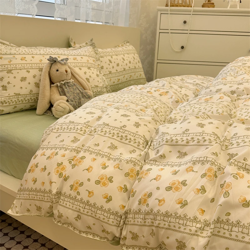 6-Heart Flower Rabbit Pastoral Sle Small Floral Bed Four-Piece Set Washed Cotton Artistic .5.8